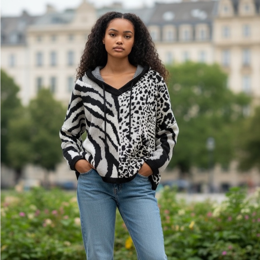 POL Animal Print Zebra Cheetah Hoodie Sweater Black & White L